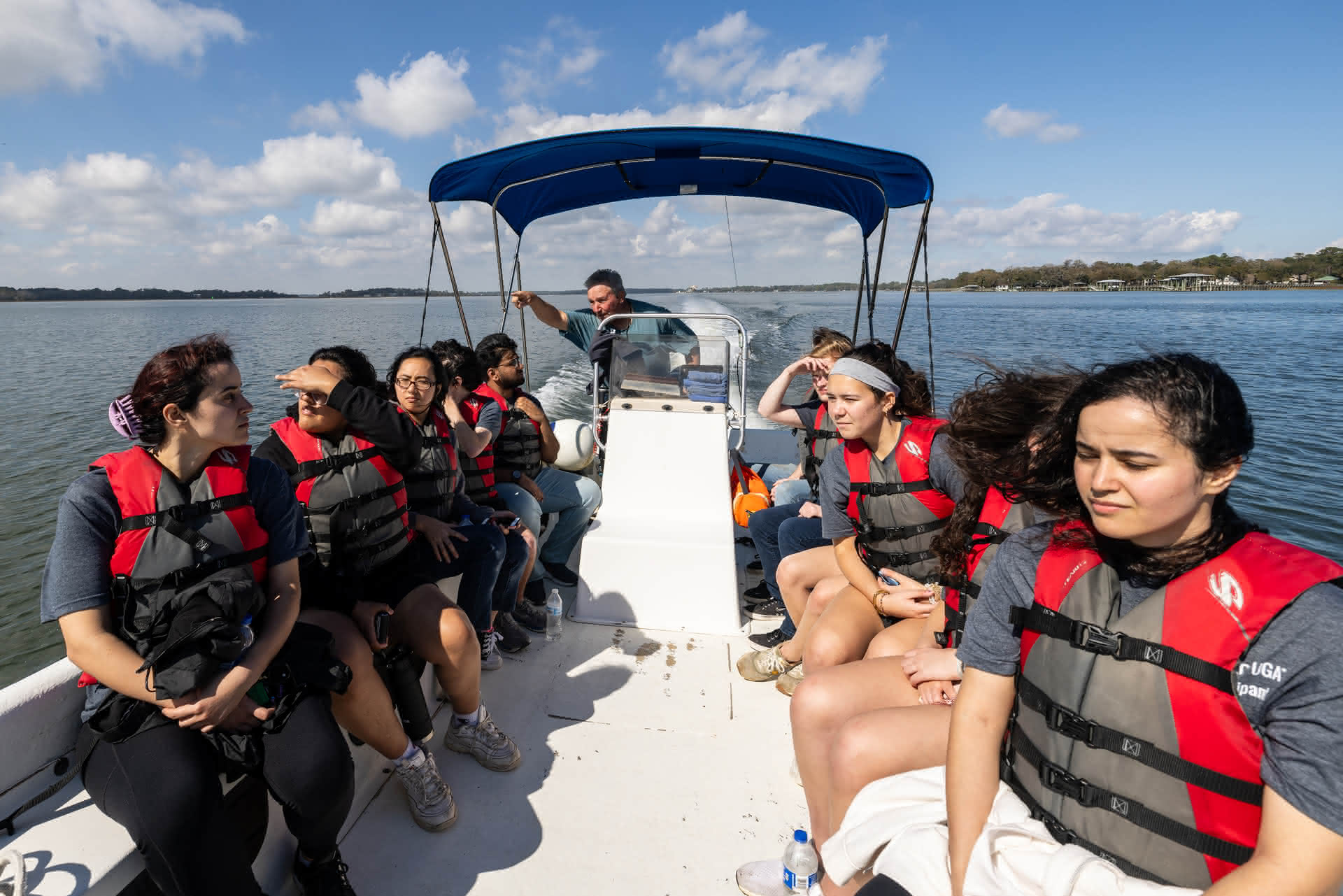students on a coastal boat tour off Skidaway Island