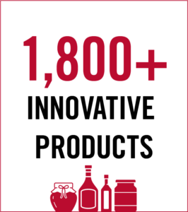 A red and black graphic featuring the text "1,800+ innovative products". The graphic refers to products from the Flavor of Georgia contest.