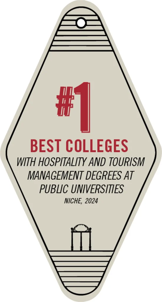 A diamond-shaped graphic that reads "#1 Best colleges with hospitality and tourism management degrees at public universities, Niche, 2024"