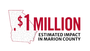 Map of Georgia with Marion County highlighted. Text overlay reads: $1 million estimated impact in Marion County.