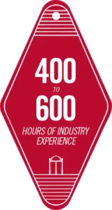 A diamond-shaped graphic with text that reads "400 to 600 hours of industry experience."