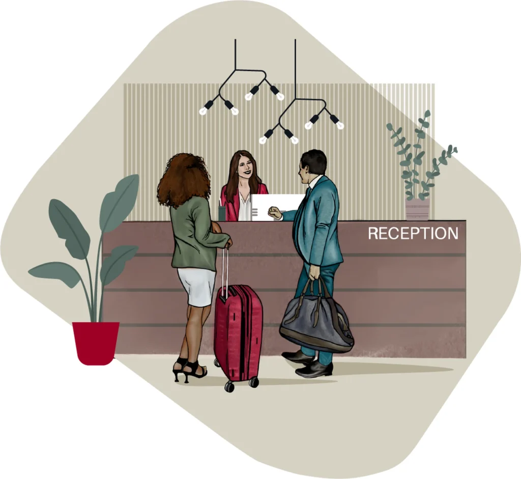 An illustration depicting two guests checking into a hotel with a receptionist.